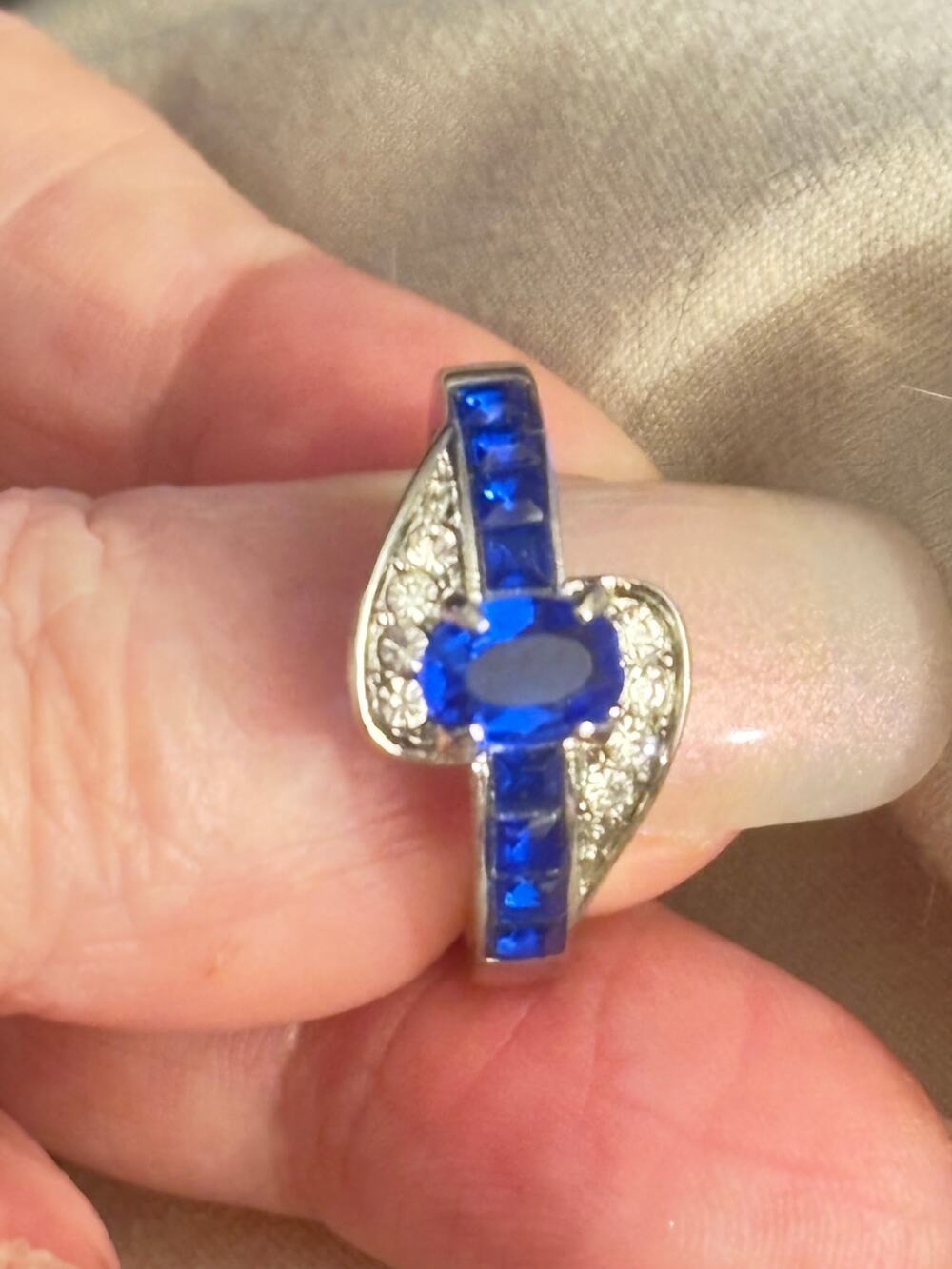 Blue Sapphire CZ Bypass Ring Silver Tone Size 6.75 NIB